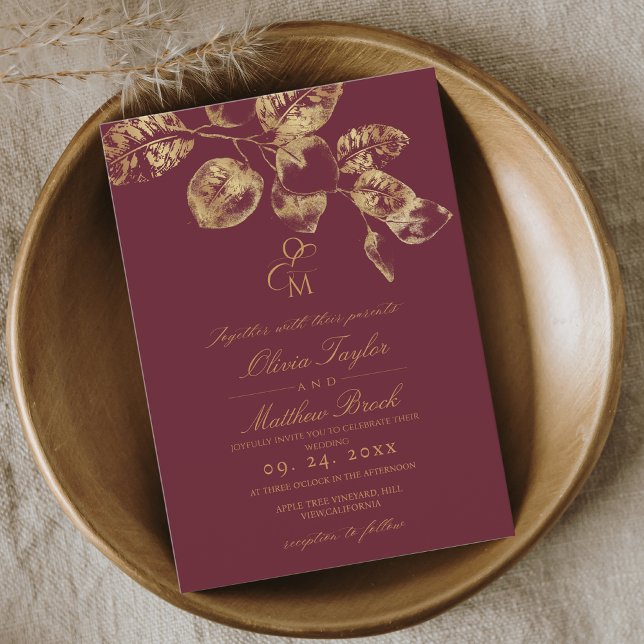 Boho Rustic Burgundy e Convite de casamento Dourad (Criador carregado)