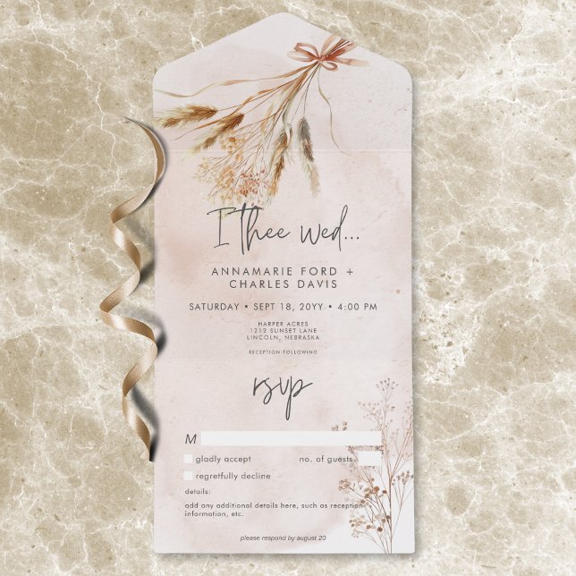 Boho Rustic Pampas & Buquê Seco De Grama Sem Janto (Boho Rustic Pampas & Dried Grass Bouquet No Dinner All In One Invitation)