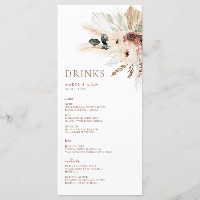 Boho Rustic Pampas Floral Wedding Menu & Bebidas (Verso)