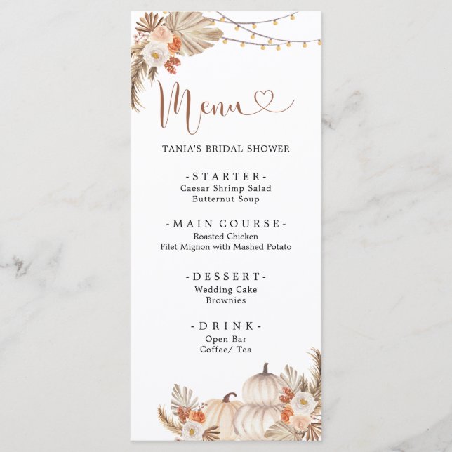 Boho Rustic Pumpkin Fall in Love Menu Card (Cartei (Frente)