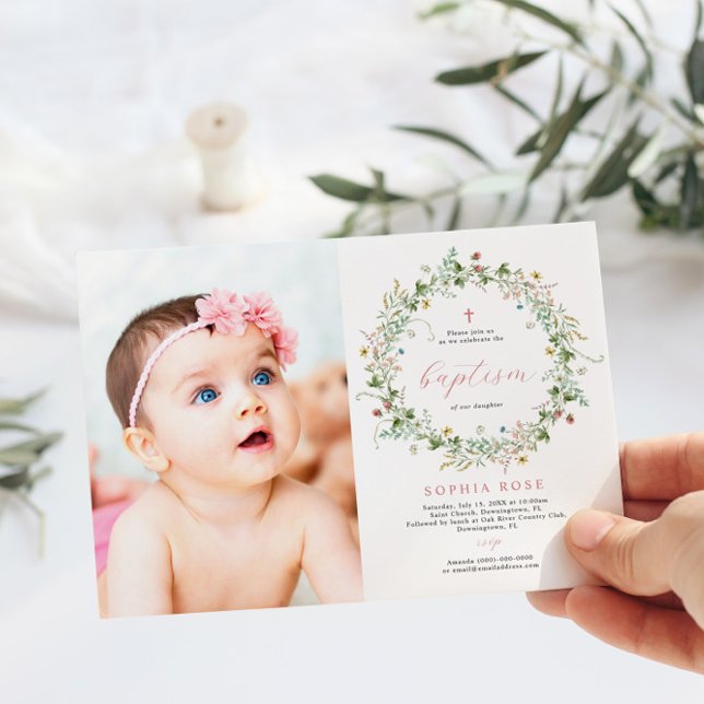 Boho Rustic Wildflower Fotografia Baptism Convite (Criador carregado)