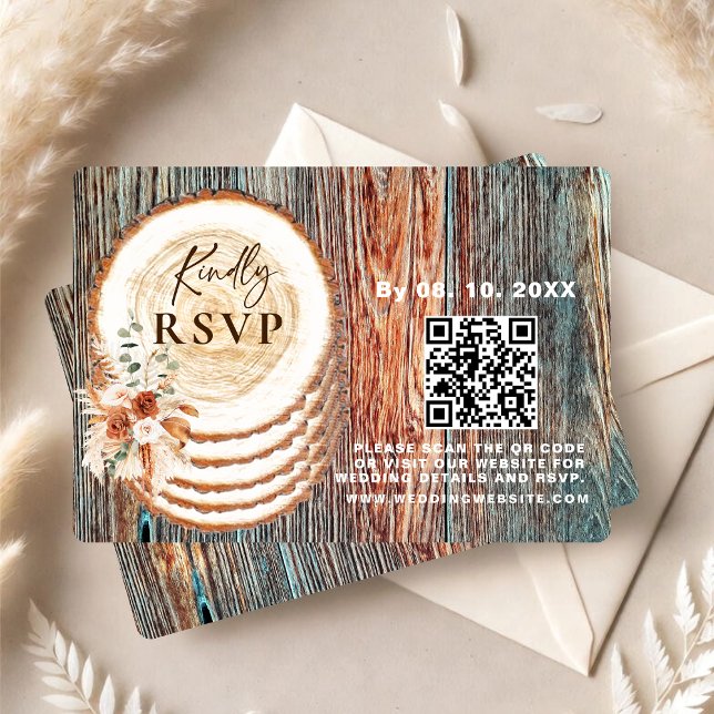 Boho Rustic Wood Slice RSVP Card with QR Code (Criador carregado)
