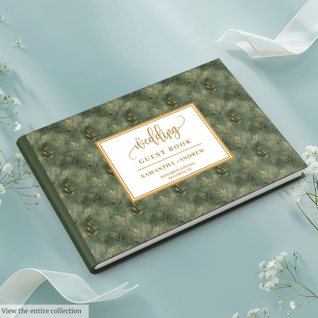 Boho sage green gold deixa o livro de convidados (Boho sage green gold leaves wedding guest book)