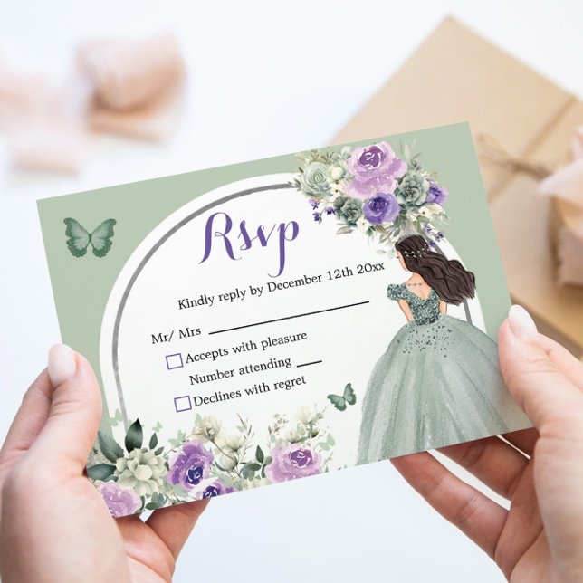 Boho Sage Green Lilac Floral Princesa XV Años RSVP (Criador carregado)