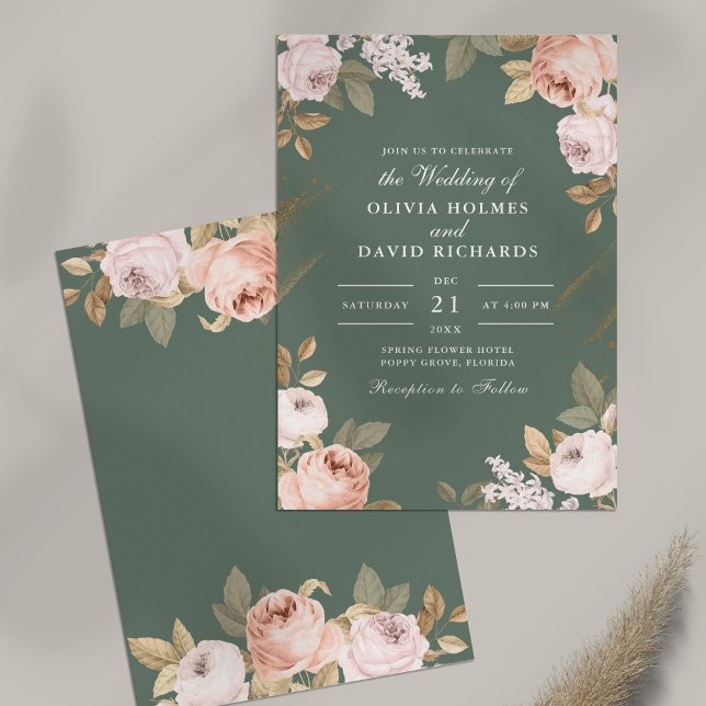 Boho Sage Green Peonies Convite Para Casamento (Boho Sage Green Peonies Wedding Invitation on table)