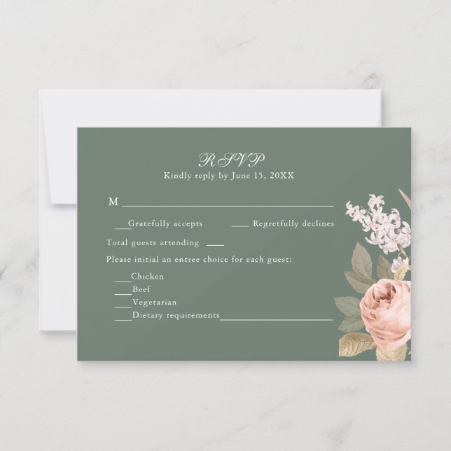Boho Sage Green Peonies Wedding RSVP Card (Frente)