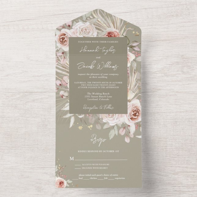 Boho Sage Green Rustic Floral com Casamento RSVP (Interno)