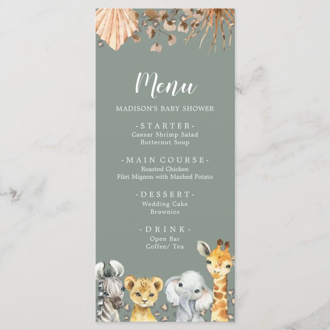 Boho Sage Green Safari Menu do Chá de fraldas (Frente)