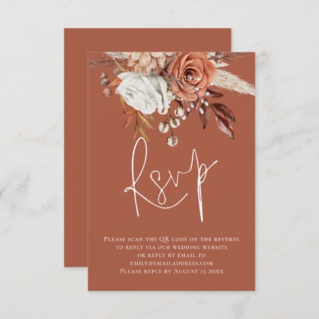 Boho Script Floral QR Code Terracotta Wedd RSVP (Frente/Verso)