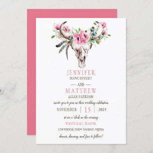 Boho Skull Pink Poppies Convite De Casamento