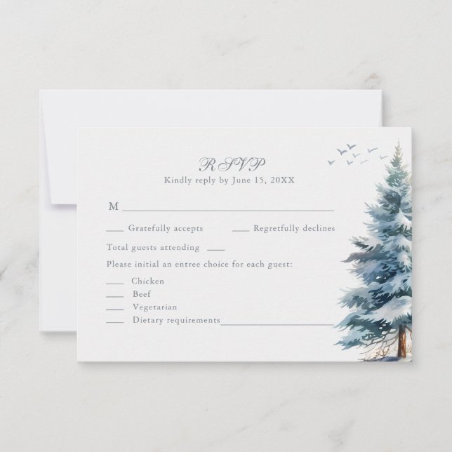 Boho Snowy Mountain & Pine Trees Wedding RSVP Card (Frente)