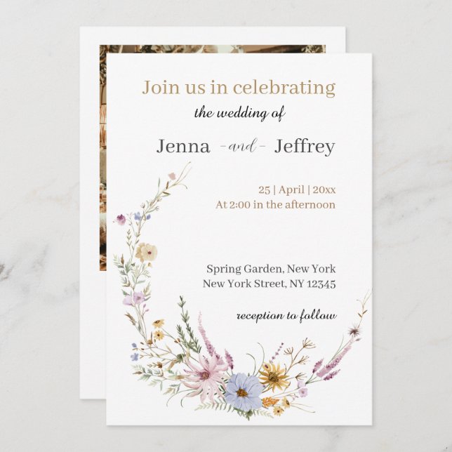Boho Spring Flowers Convite Para Casamento Fotográ (Frente/Verso)