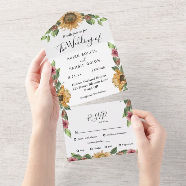 Boho Sunflower Menu Choice Casamento RSVP (Tearaway)