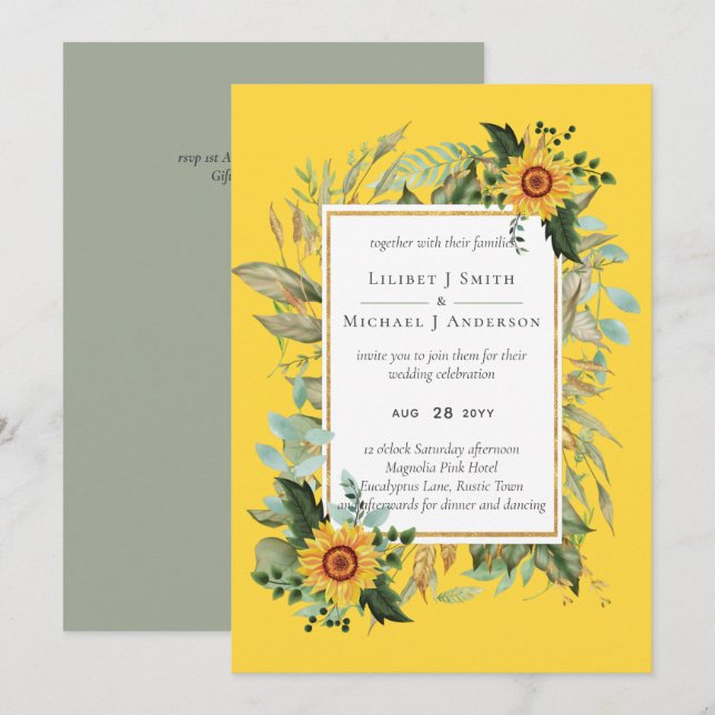 Boho Sunflower Sage Greenery Casamento (Frente/Verso)