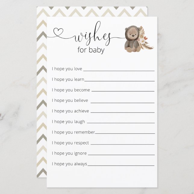 Boho Teddy Bear Chá de fraldas Deseja Bebê (Frente/Verso)