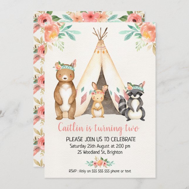 Boho Teepee Woodland Animal Convite Para Aniversár (Frente/Verso)