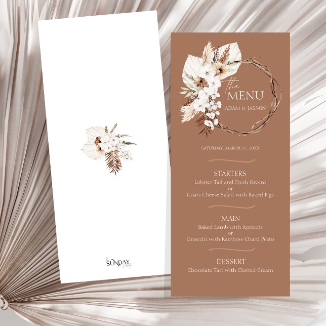 Boho Terracotta Brown Casamento Floral Seco (Boho Terracotta Brown Floral Wreath Wedding Menu)