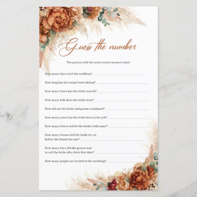 Boho terracotta burgundy pampas adivinham o número (Frente)