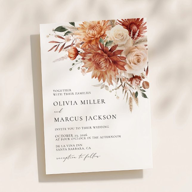 Boho Terracotta Dahlia Rosa Convite para Casamento (Terracotta dahlia floral wedding invitation with elegant typography and warm autumn design)