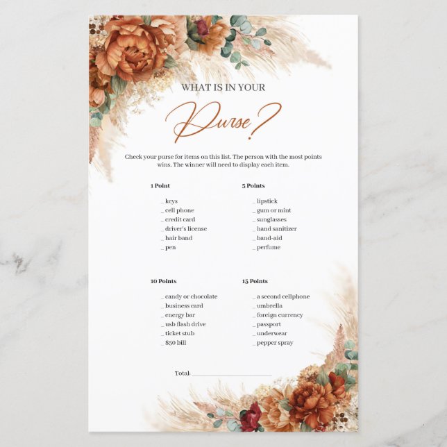 Boho Terracotta e verde O que há na sua bolsa (Frente)