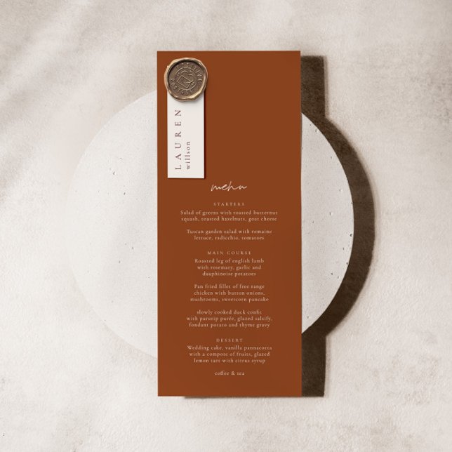 Boho Terracotta Elegante Menu de Casamento Minimal (Criador carregado)