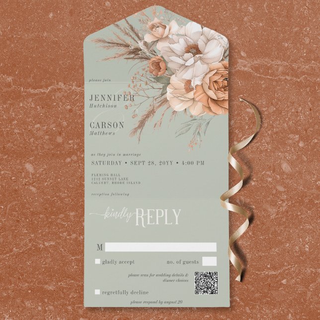 Boho Terracotta Peach & Cream Floral Green Código  (Boho Terracotta Peach & Cream Floral Green QR Code All In One Invitation)