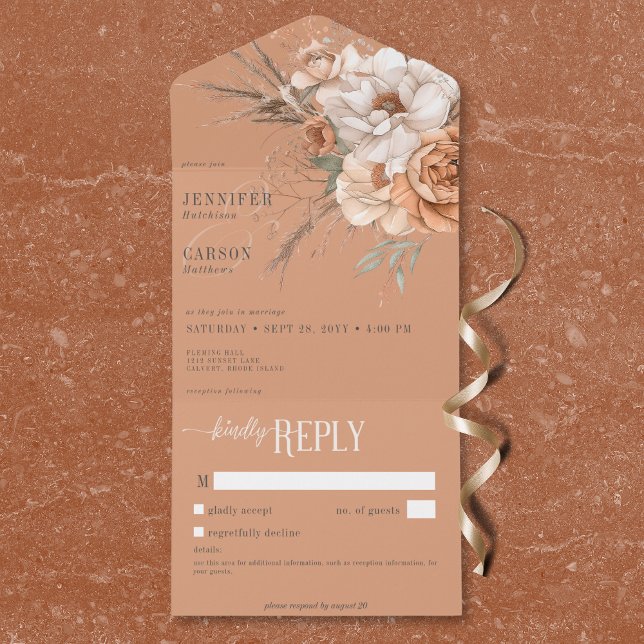 Boho Terracotta Peach Cream Floral No Janta (Boho Terracotta Peach Cream Floral No Dinner All In One Invitation)