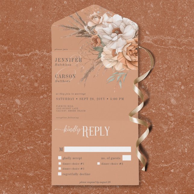Boho Terracotta Peach & Cream Janta Floral (Boho Terracotta Peach & Cream Floral Dinner All In One Invitation)