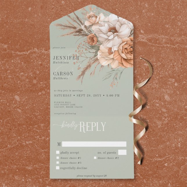 Boho Terracotta Peach & Cream Janto Floral Verde (Boho Terracotta Peach & Cream Floral Green Dinner All In One Invitation)