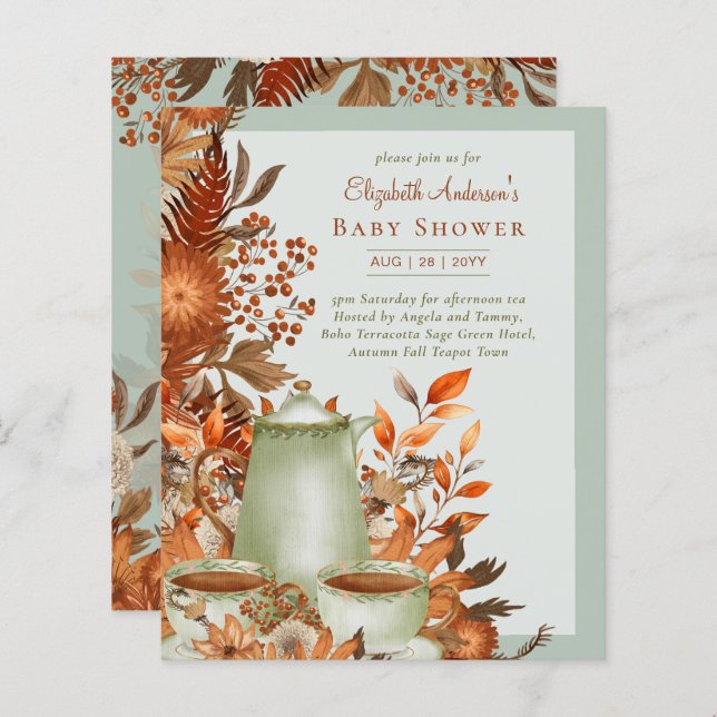 Boho Terracotta Sage Tea Party Baby Chá de panela (Frente/Verso)