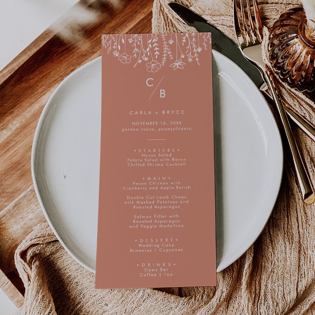 Boho Terracotta Wildflower Monogram Wedding Menu (Criador carregado)