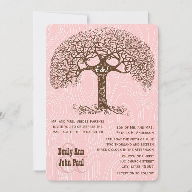 Boho Tree Crabapple Pink Wood Convite de casamento (Frente)