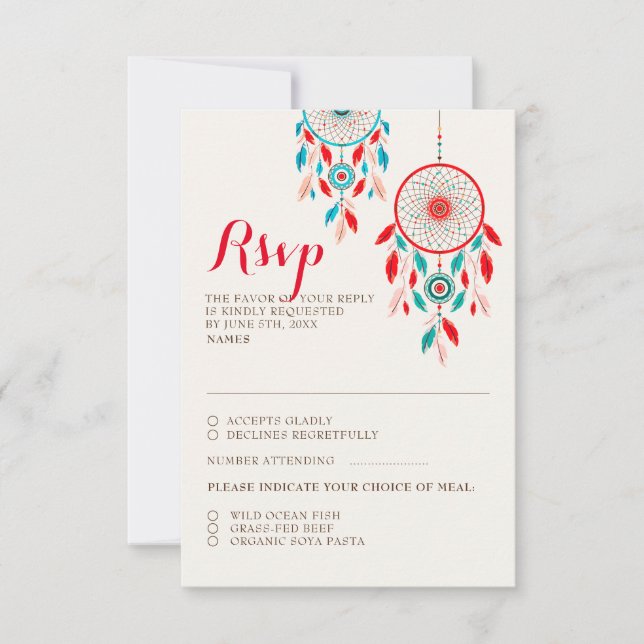Boho Tribal Feather Dreamcatcher Weding RSVP Card (Frente)