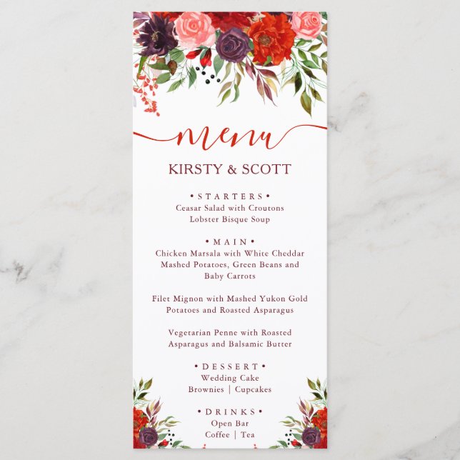 Boho Watercolor Fall Flowers Menu de Casamento (Frente)