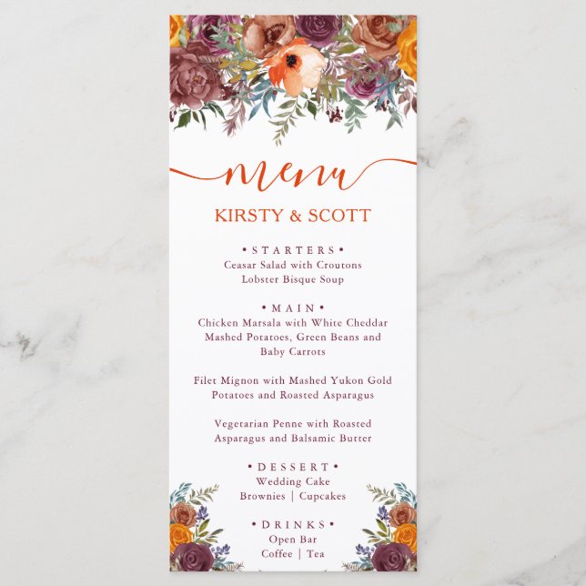Boho Watercolor Fall Flowers Menu de Casamento (Frente)