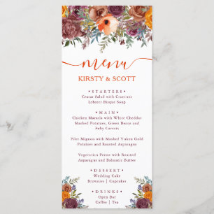 Boho Watercolor Fall Flowers Menu de Casamento