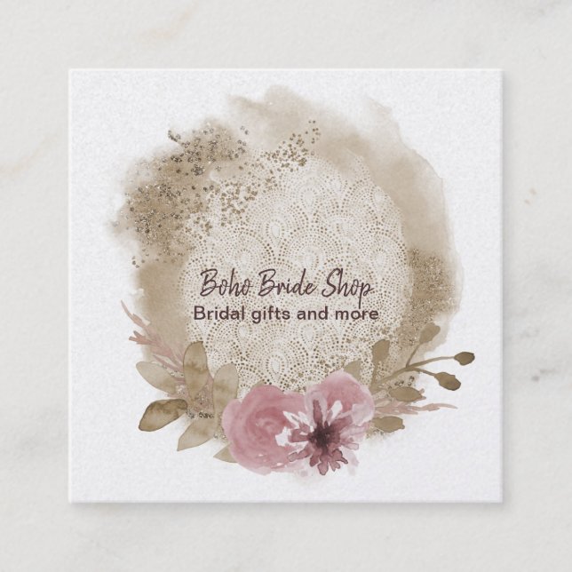 Boho Watercolor Floral Square Cartão de visita (Frente)