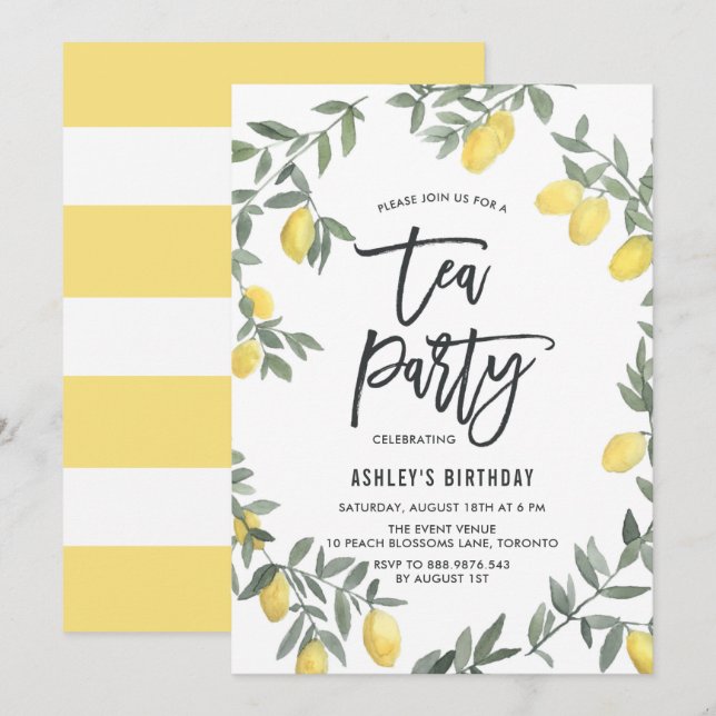 Boho Watercolor Lemon Wreath Tea Convite de festas (Frente/Verso)