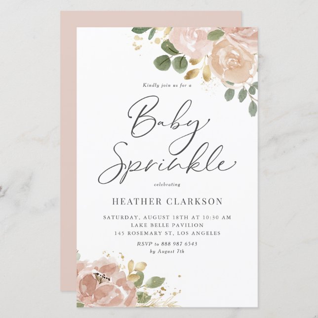 Boho Watercolor Mauve Peach Flowers Baby Sprinkle (Frente/Verso)