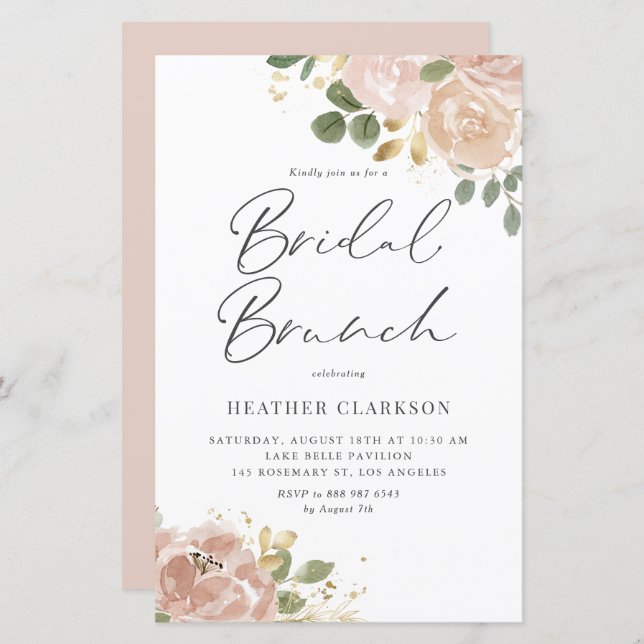Boho Watercolor Mauve Peach Flowers Bridal Brunch (Frente/Verso)