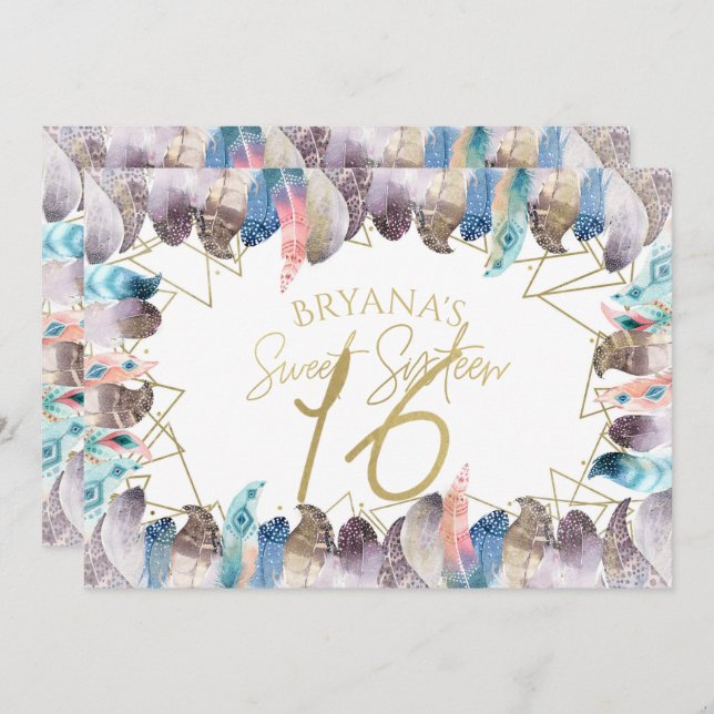 Boho Watercolor Penas Douradas Sweet 16 Convites (Frente/Verso)