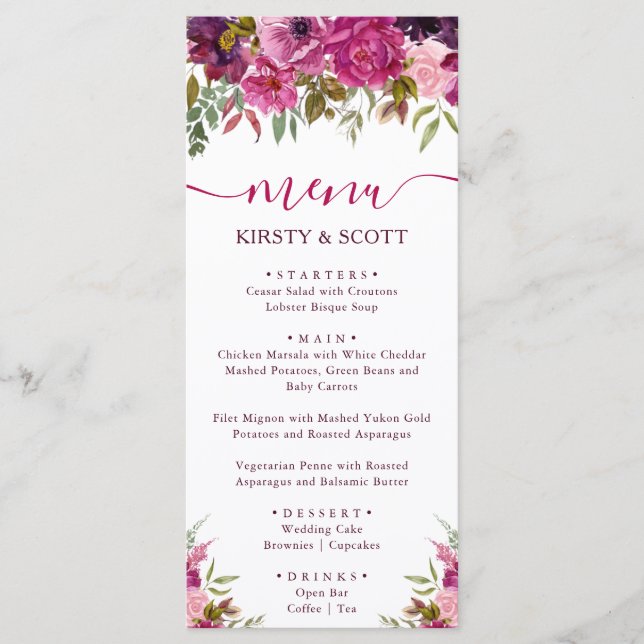 Boho Watercolor Spring Flowers Menu Casamento (Frente)