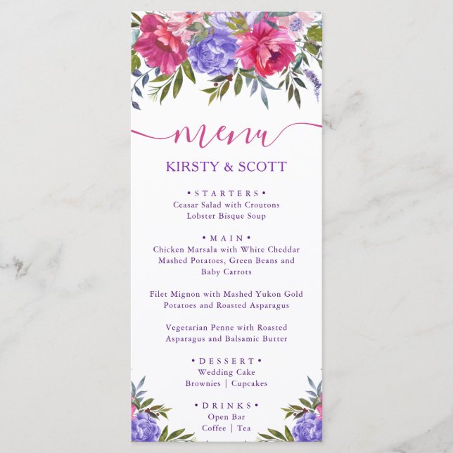 Boho Watercolor Summer Flowers Menu de Casamento (Frente)