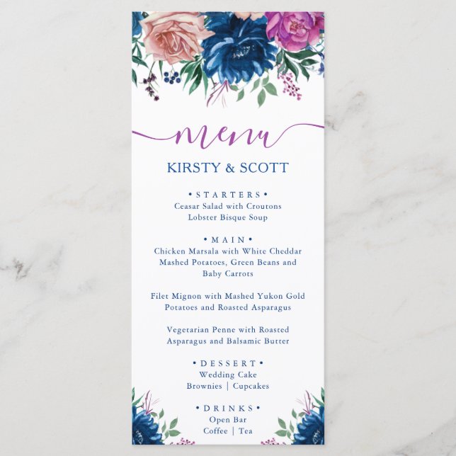 Boho Watercolor Summer Flowers Menu de Casamento (Frente)