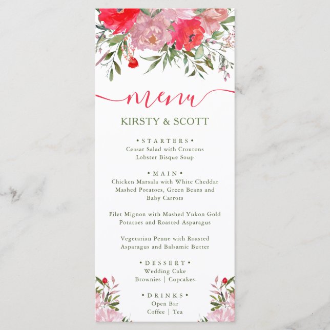 Boho Watercolor Summer Flowers Menu de Casamento (Frente)