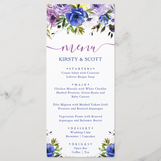 Boho Watercolor Summer Flowers Menu de Casamento (Frente)