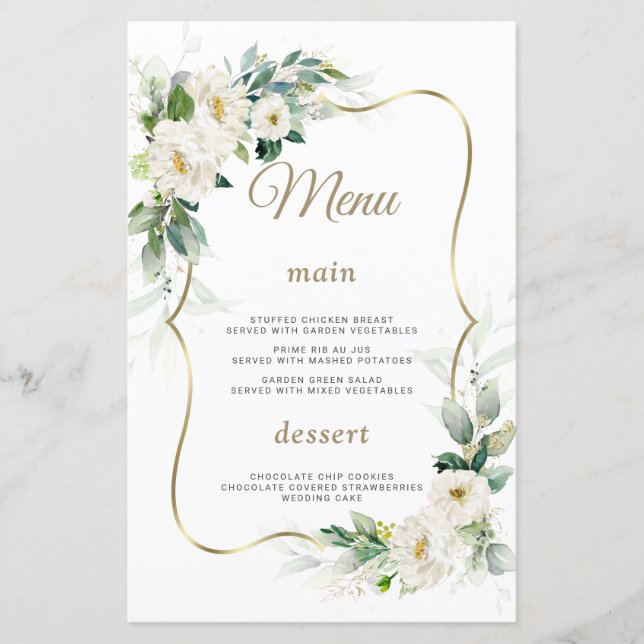 Boho Watercolor White Flowers Dourado Menu Casamen (Frente)