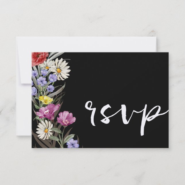 Boho Watercolor Wild Flower & Black Wedds RSVP (Frente)