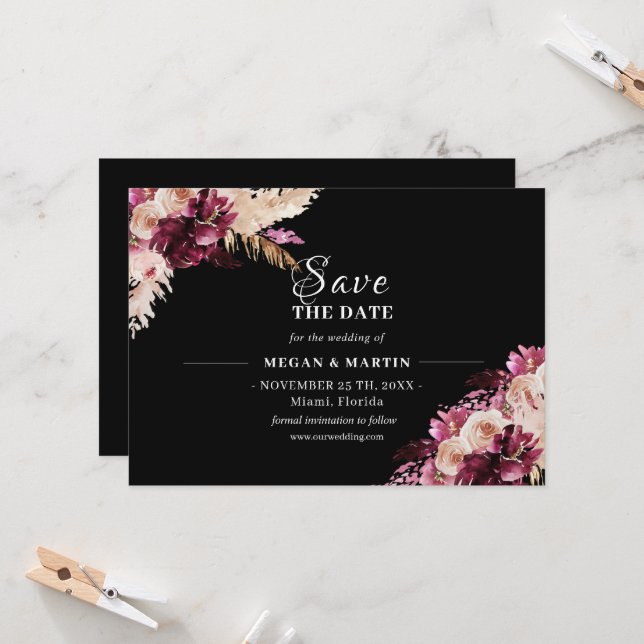 Boho Wedding Black Floral Salvar A Data Convite (Frente/Verso In Situ)