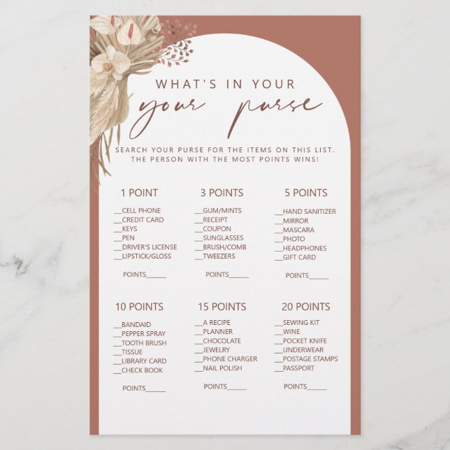 Boho what's in your purse bridal shower game flyer (Frente)